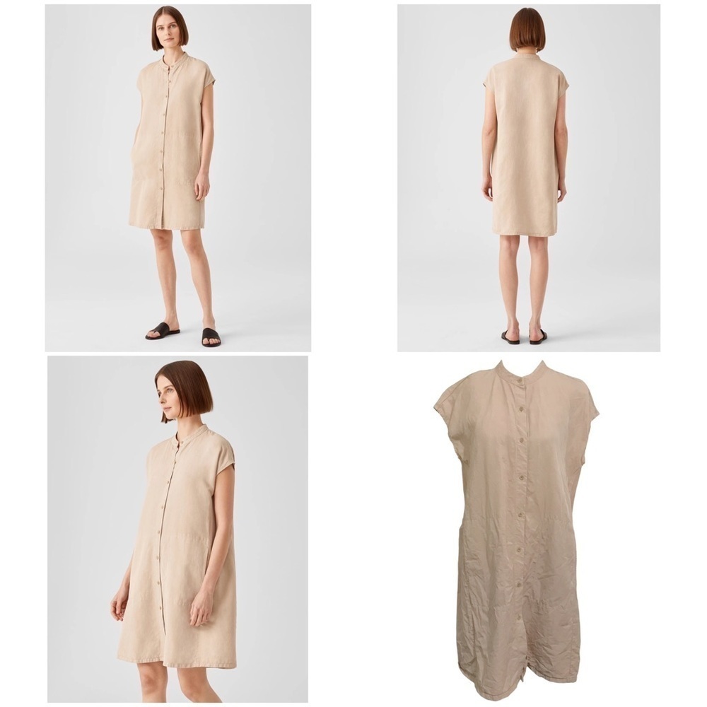 Eileen Fisher Linen Blend Mandarin Collar Shirtdress in Khaki Size Medium